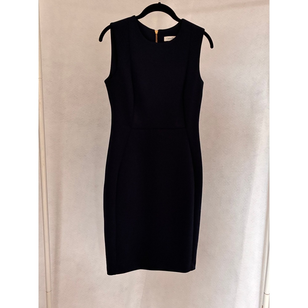 Calvin Klein Womens Navy Blue Sleeveless Sheath Dress Gold Back Zip Size 6